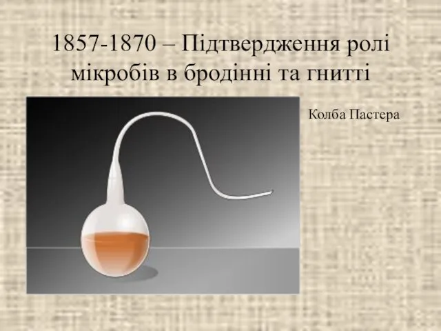 1857-1870 – Підтвердження ролі мікробів в бродінні та гнитті Колба Пастера