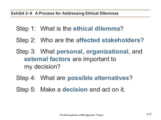 2– Exhibit 2–8 A Process for Addressing Ethical Dilemmas Step 1: What