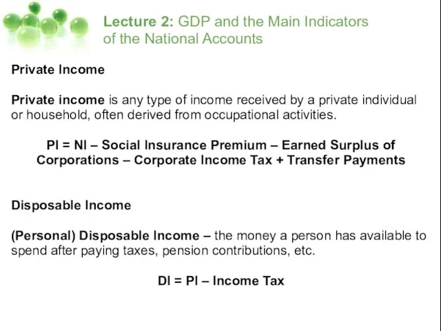 Lecture 2: GDP and the Main Indicators of the National Accounts Private