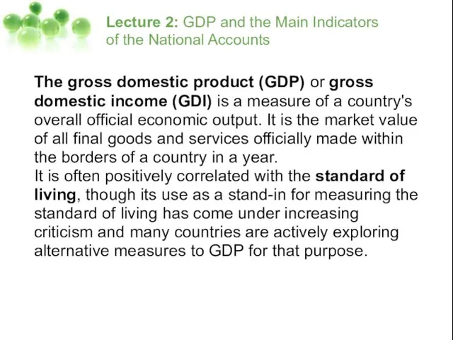 Lecture 2: GDP and the Main Indicators of the National Accounts The