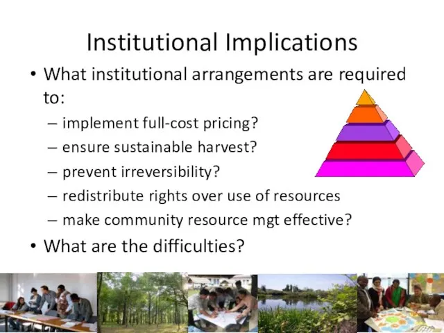 Institutional Implications What institutional arrangements are required to: implement full-cost pricing? ensure