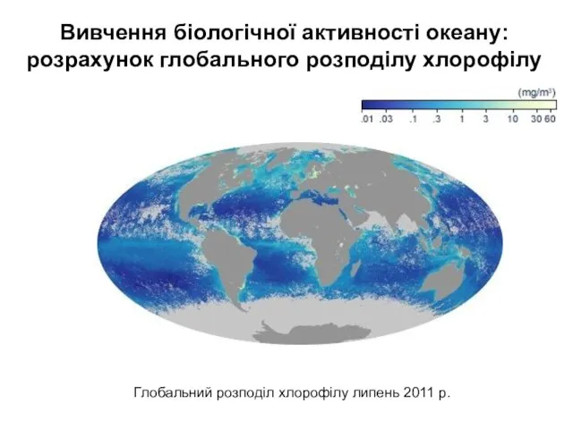 Глобальний розподіл хлорофілу липень 2011 р. Вивчення біологічної активності океану: розрахунок глобального розподілу хлорофілу