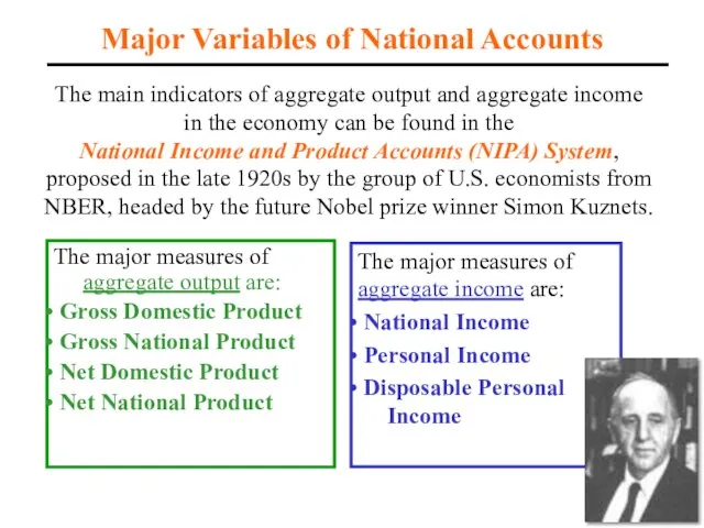Major Variables of National Accounts The main indicators of aggregate output and