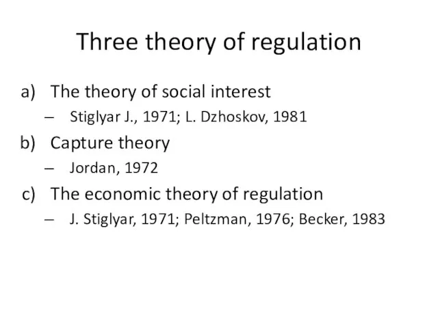Three theory of regulation The theory of social interest Stiglyar J., 1971;