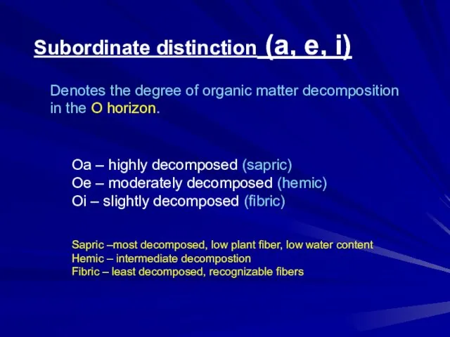 Subordinate distinction (a, e, i) Denotes the degree of organic matter decomposition