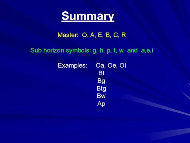 Summary Master: O, A, E, B, C, R Sub horizon symbols: g,