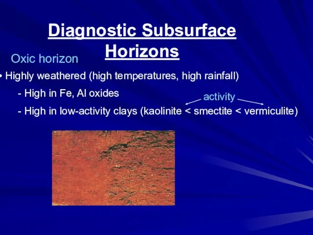 Diagnostic Subsurface Horizons Oxic horizon Highly weathered (high temperatures, high rainfall) -