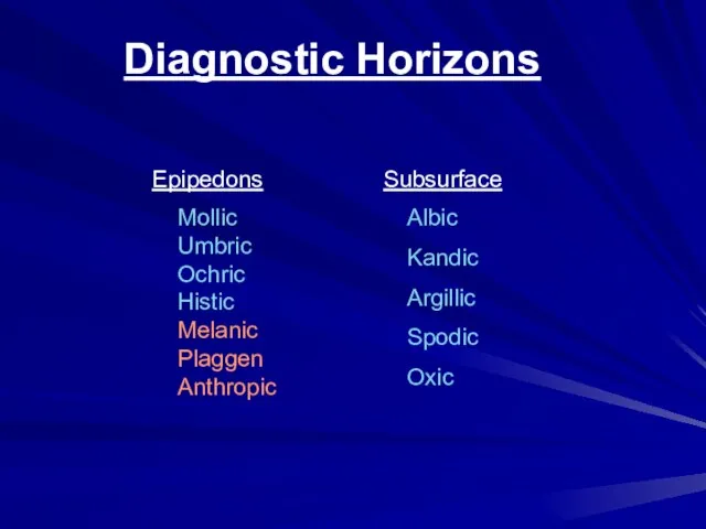 Albic Kandic Argillic Spodic Oxic Diagnostic Horizons Mollic Umbric Ochric Histic Melanic Plaggen Anthropic Epipedons Subsurface