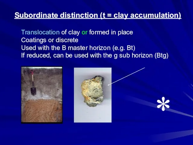 Subordinate distinction (t = clay accumulation) Translocation of clay or formed in