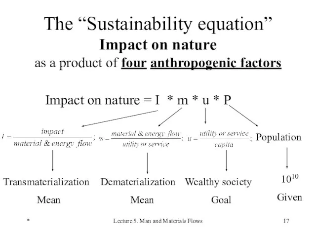 * Lecture 5. Man and Materials Flows The “Sustainability equation” Impact on