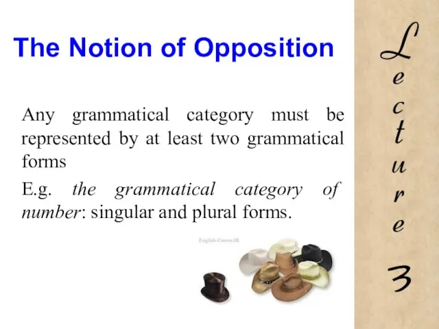 The Notion of Opposition Any grammatical category must be represented by at