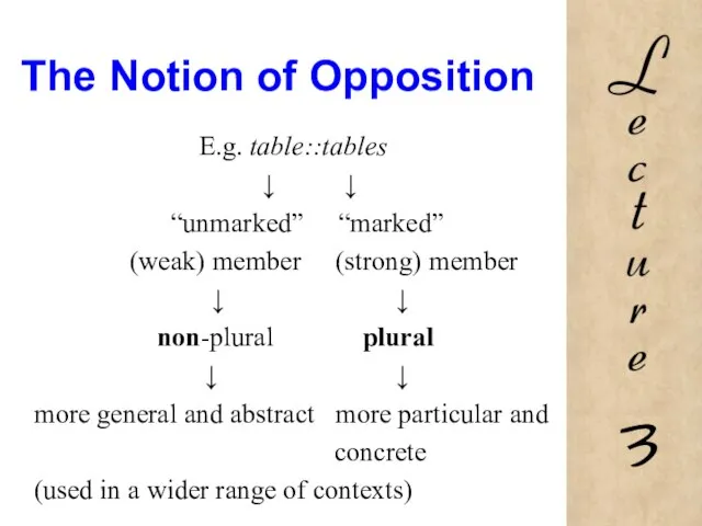 The Notion of Opposition E.g. table::tables ↓ ↓ “unmarked” “marked” (weak) member