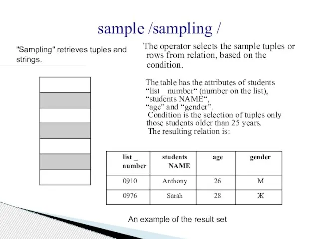 sample /sampling / The operator selects the sample tuples or rows from