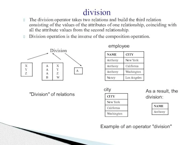 division The division operator takes two relations and build the third relation