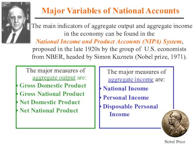 Major Variables of National Accounts The major measures of aggregate output are: