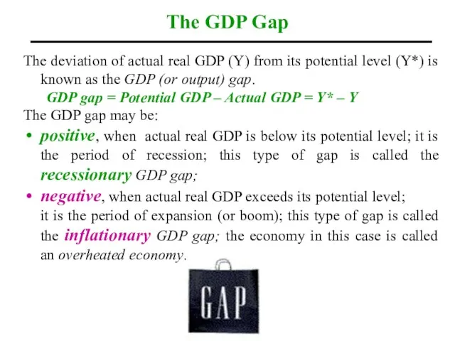 The GDP Gap The deviation of actual real GDP (Y) from its