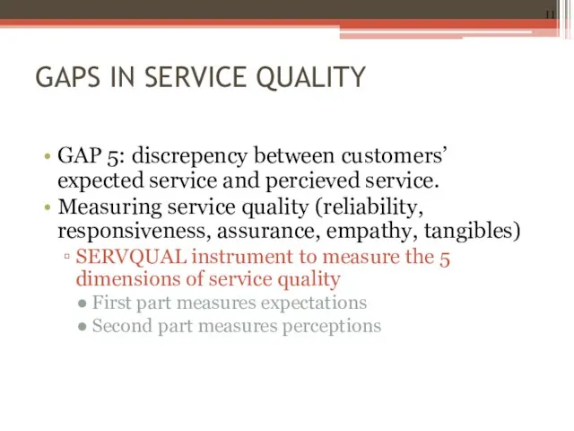 GAPS IN SERVICE QUALITY GAP 5: discrepency between customers’ expected service and