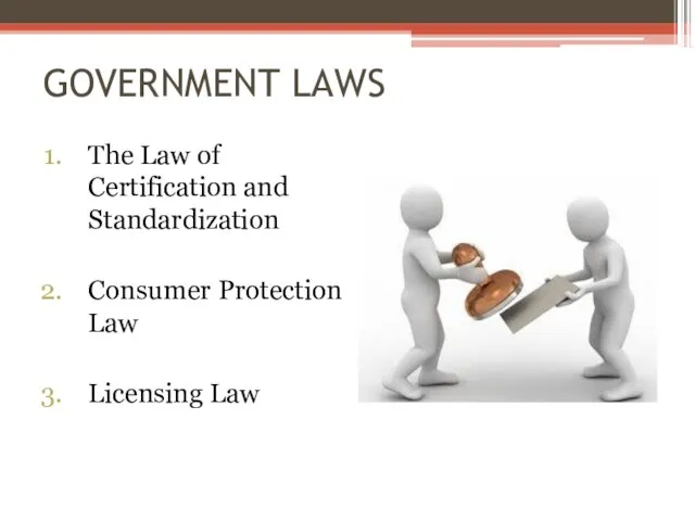 GOVERNMENT LAWS The Law of Certification and Standardization Consumer Protection Law Licensing Law