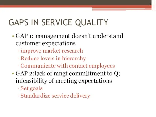 GAPS IN SERVICE QUALITY GAP 1: management doesn’t understand customer expectations improve
