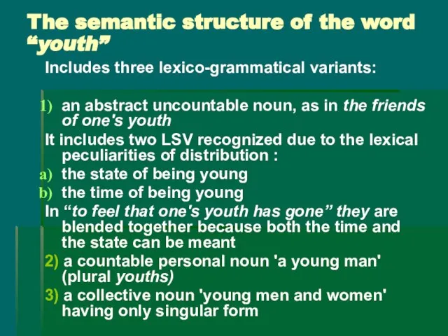 The semantic structure of the word “youth” Includes three lexico-grammatical variants: an