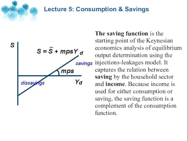 Lecture 5: Consumption & Savings The saving function is the starting point