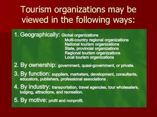 Tourism organizations may be viewed in the following ways: