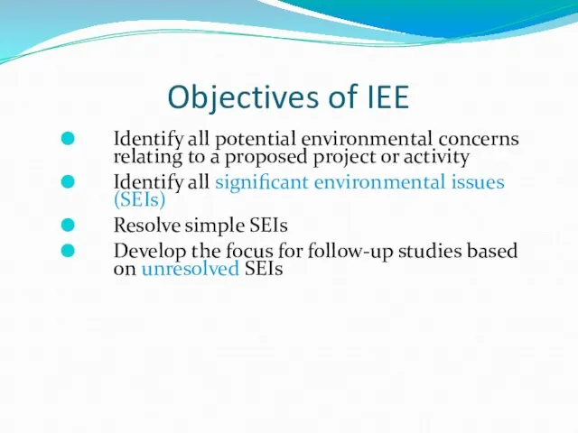 Objectives of IEE Identify all potential environmental concerns relating to a proposed