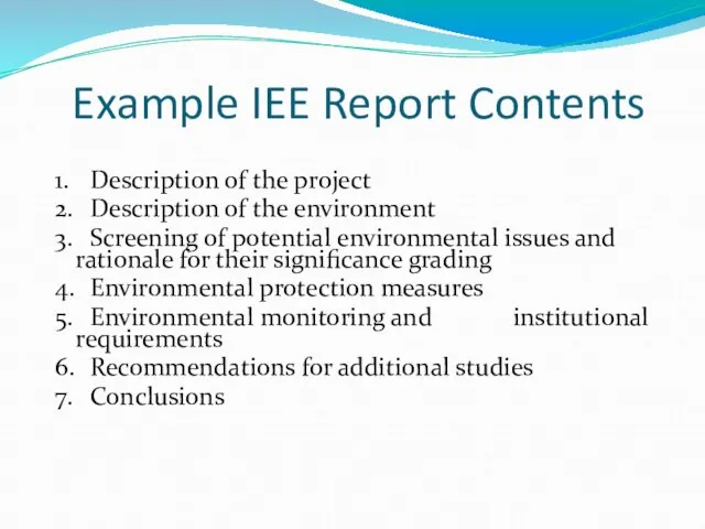 Example IEE Report Contents 1. Description of the project 2. Description of