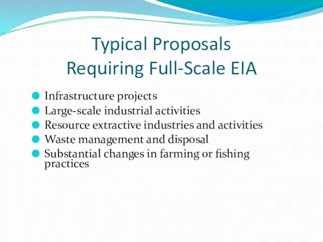 Typical Proposals Requiring Full-Scale EIA Infrastructure projects Large-scale industrial activities Resource extractive