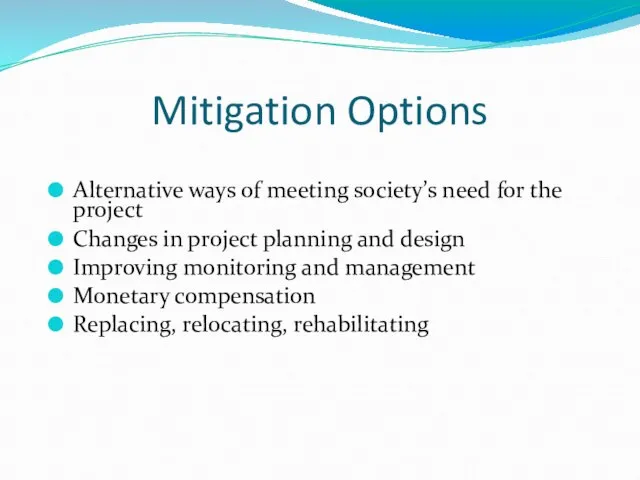 Mitigation Options Alternative ways of meeting society’s need for the project Changes