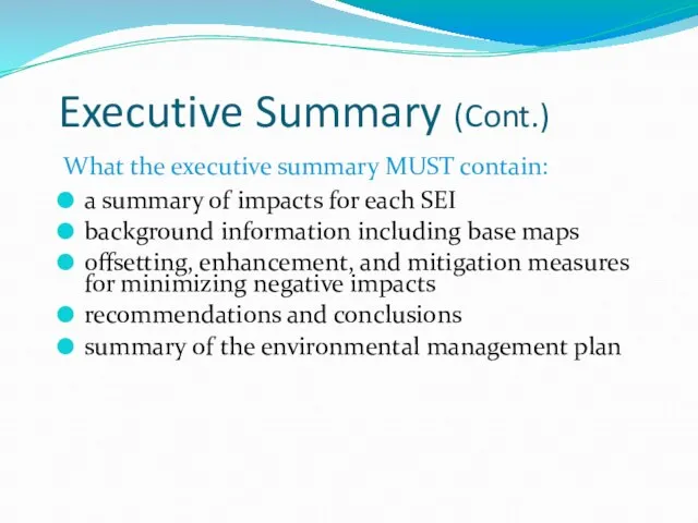 Executive Summary (Cont.) What the executive summary MUST contain: a summary of