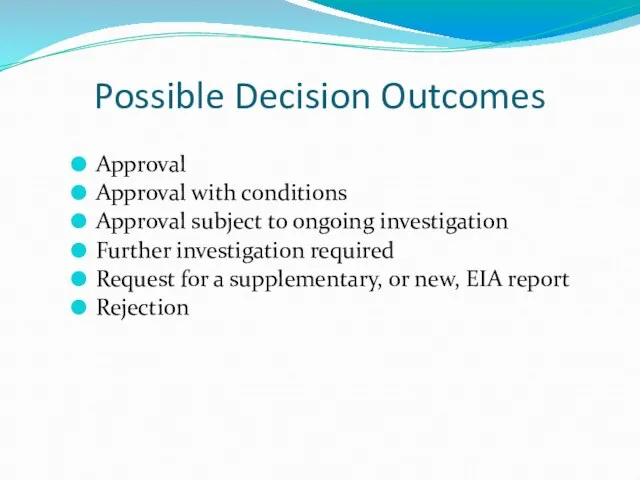 Possible Decision Outcomes Approval Approval with conditions Approval subject to ongoing investigation