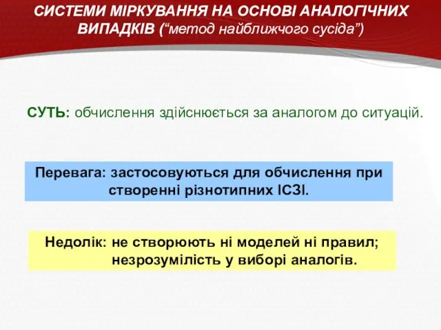 СИСТЕМИ МІРКУВАННЯ НА ОСНОВІ АНАЛОГІЧНИХ ВИПАДКІВ (“метод найближчого сусіда”) СУТЬ: обчислення здійснюється