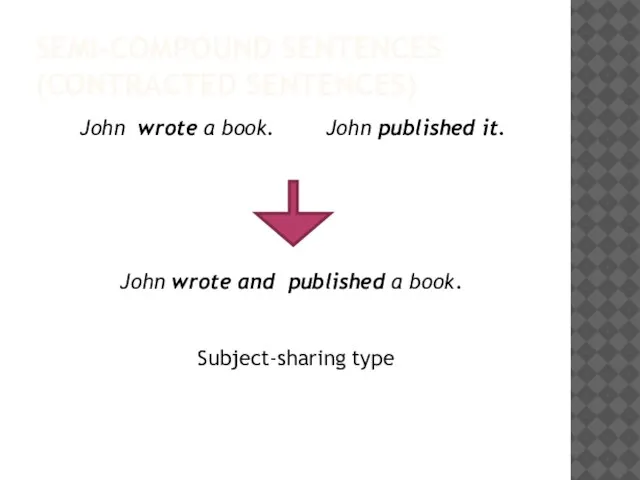 SEMI-COMPOUND SENTENCES (CONTRACTED SENTENCES) John wrote a book. John published it. John