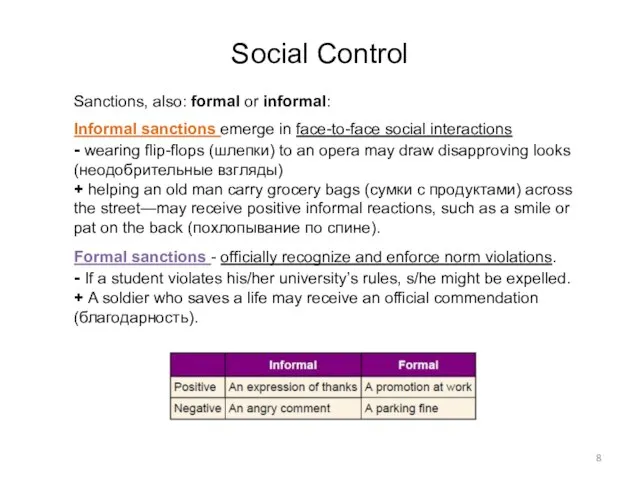 Social Control Sanctions, also: formal or informal: Informal sanctions emerge in face-to-face