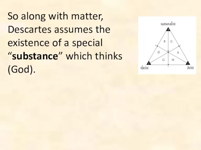 So along with matter, Descartes assumes the existence of a special “substance” which thinks (God).