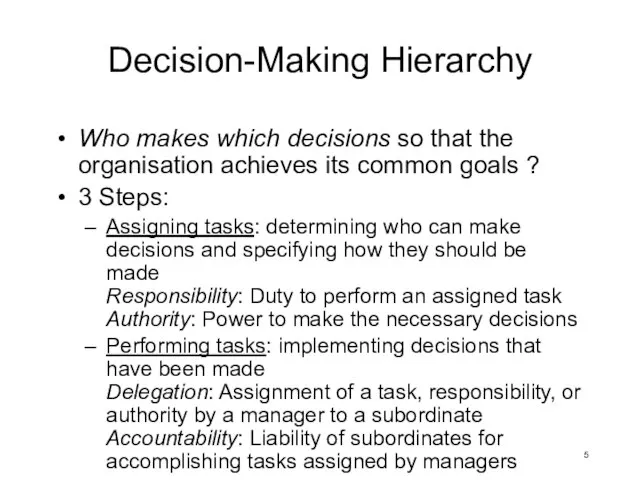 Decision-Making Hierarchy Who makes which decisions so that the organisation achieves its