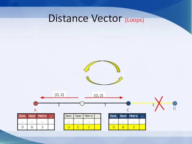 (D, 2) (D, 2) Distance Vector (Loops) C 1 1 B A D 1