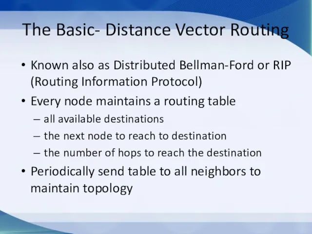 The Basic- Distance Vector Routing Known also as Distributed Bellman-Ford or RIP