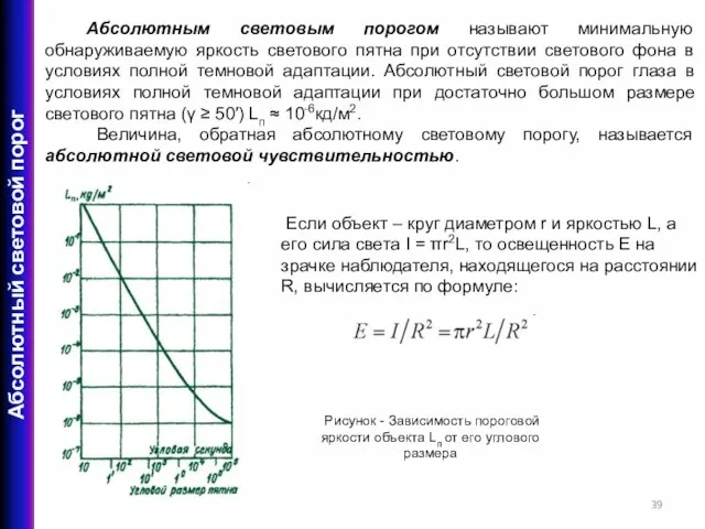 Абсолютным световым порогом называют минимальную обнаруживаемую яркость светового пятна при отсутствии светового