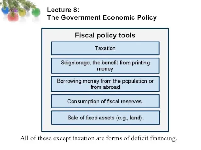 Lecture 8: The Government Economic Policy All of these except taxation are forms of deficit financing.