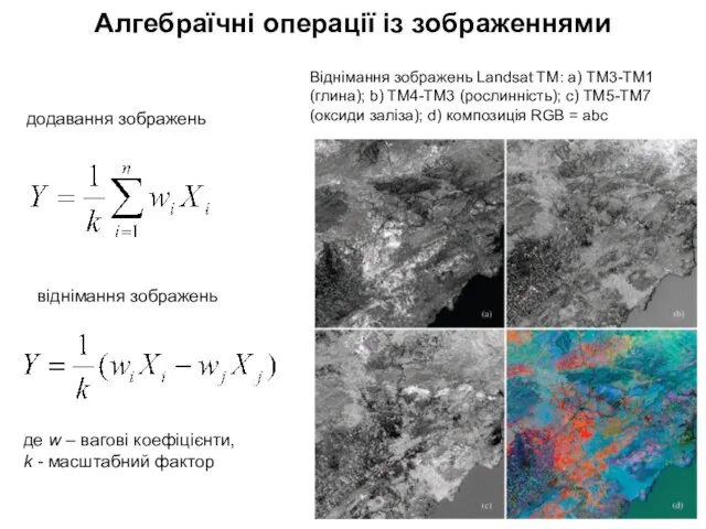 Алгебраїчні операції із зображеннями додавання зображень де w – вагові коефіцієнти, k