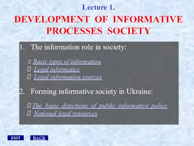 The information role in society: Basic types of information Legal informatics Legal