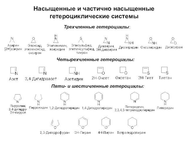 Насыщенные и частично насыщенные гетероциклические системы Трехчленные гетероциклы: Четырехчленные гетероциклы: Пяти- и шестичленные гетероциклы: