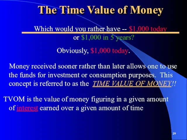 The Time Value of Money Obviously, $1,000 today. Money received sooner rather