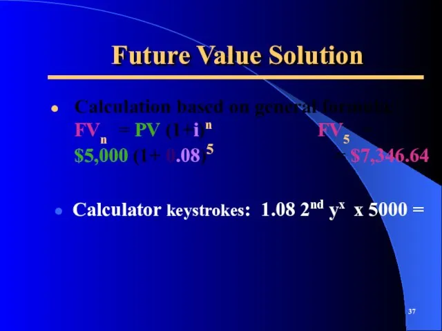 Future Value Solution Calculator keystrokes: 1.08 2nd yx x 5000 = Calculation