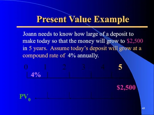 Present Value Example Joann needs to know how large of a deposit