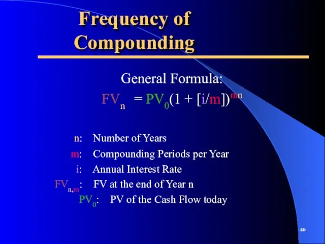 Frequency of Compounding General Formula: FVn = PV0(1 + [i/m])mn n: Number