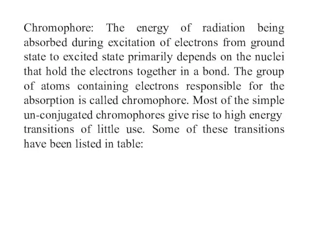 Chromophore: The energy of radiation being absorbed during excitation of electrons from