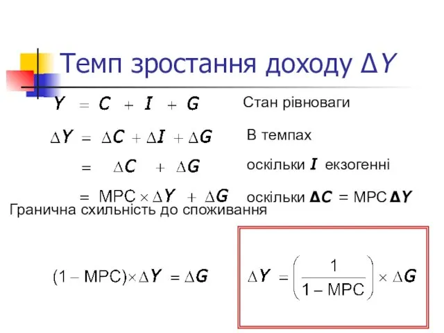 Темп зростання доходу ΔY Стан рівноваги В темпах оскільки I екзогенні оскільки